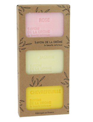 Savons Karité parfums mixtes Rose - Jasmin - Chevrefeuille Etui 3 x 100 gr